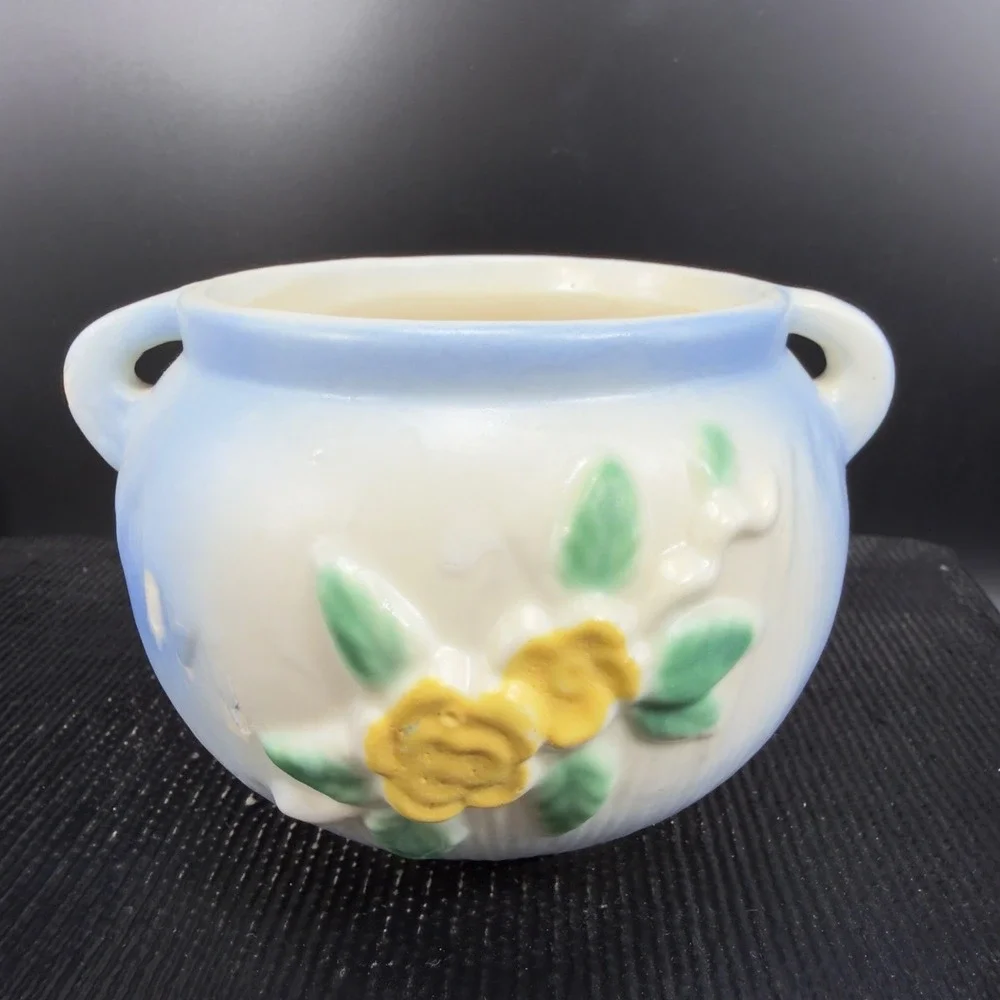 Vintage Pottery Flower Planter Blue‎ White Yellow Rose Relief Double Handle Pot